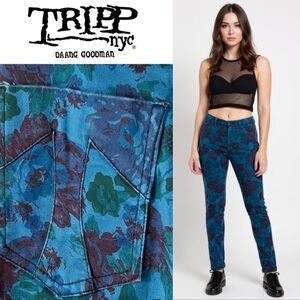 Tripp NYC Gothic Punk High Waisted Blue Floral Skinny Stretch Jeans Size 25 / 1